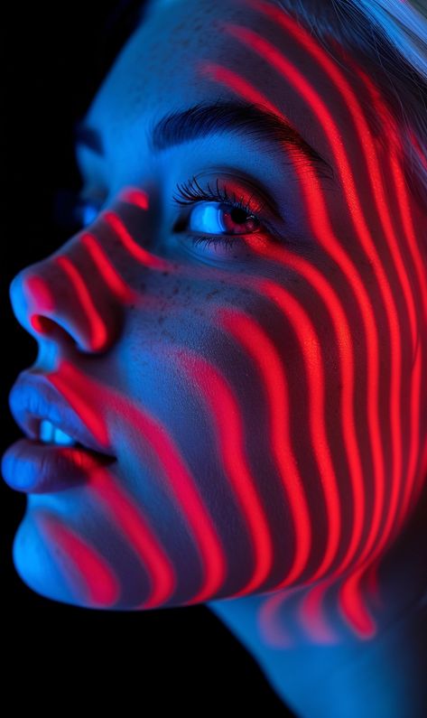 🌟🎨Discover Amazing Midjourney Prompts - Tap Link in my Bio📌🔗 Portrait Cool Lighting, Red And Blue Portrait Photography, Red Blue Light Photography, Gel Portrait Photography, Two Light Setup Photography, Light Painting Portrait, Red Light Photoshoot Ideas, Red And Blue Portrait, Creative Portraits Photography