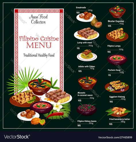 Filipino Food Menu Design, Filipino Restaurant Menu Ideas, Filipino Menu Design, Filipino Food Menu, Banana Buns, Pilipino Food Recipe, Main Course Menu, Soup Pork, Soup Menu