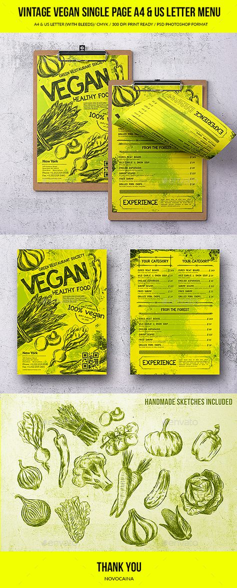 Vintage Vegan Single Page A4 & US Letter Food Menu Vegan Restaurant Menu Design, Vegan Menu Design, Vegan Restaurant Design, Restaurant Posters, Food Marketing, Greens Restaurant, Restaurant Poster, Menu Flyer, Vegan Design