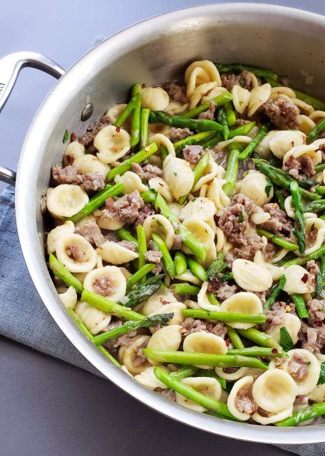 Sausage And Asparagus, Orecchiette Pasta Recipes, Orecchiette With Sausage, Spicy Sausage Pasta, One Pan Recipe, Spicy Italian Sausage, One Pan Pasta, Italian Sausage Pasta, Pecorino Romano Cheese