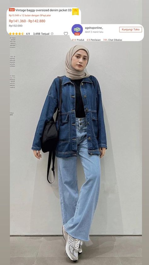 Jeans Jacket Outfit Hijab, Oversized Outfit Hijab, Hijab Outfit Jeans, Kemeja Denim, Celana Kargo, Hijab Ideas, Outfit Hijab Casual, Stylish Outfits Casual, Oversize Outfit