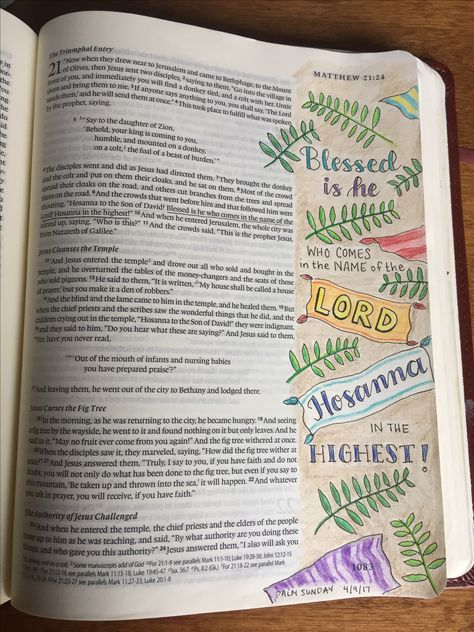 Bible Journaling Matthew 21:9 (Palm Sunday). Copic pen and colored pencil Palm Sunday Journaling, Matthew 15 Bible Journaling, Palm Sunday Bible Journaling, Matthew 21 Bible Journaling, Matthew Bible Journaling, Bible Journaling Matthew, Easter Bible Journaling, Bible Journal Matthew, Bible Help