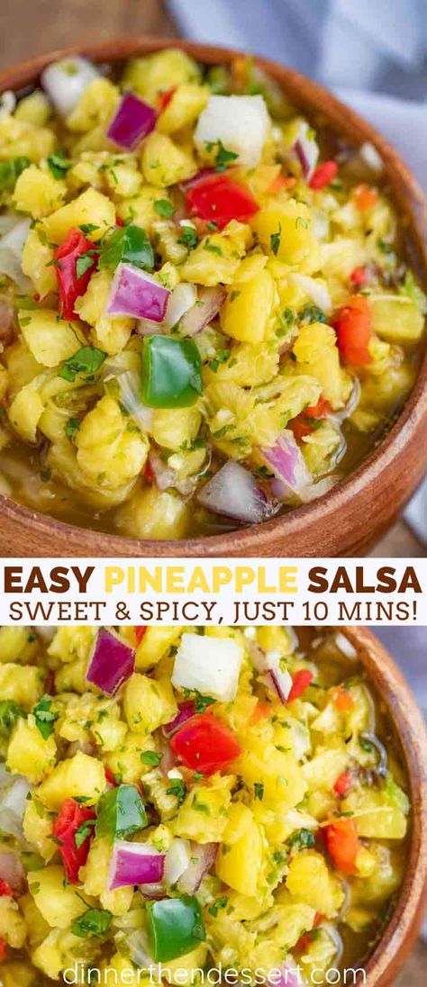 Pineapple salsa is a bright, healthy, and fresh fruit salsa perfect to serve with everything from tortilla chips to tacos to fish and meat. #salsa #pineapple #mexicanrecipes #appetizers #dinnerthendessert Tacos Pineapple, Pineapple Salsa Recipe, Dinner Then Dessert, Mexican Appetizers, Grilled Meats, Pineapple Salsa, Fruit Salsa, Meat Dinners, Appetizer Bites