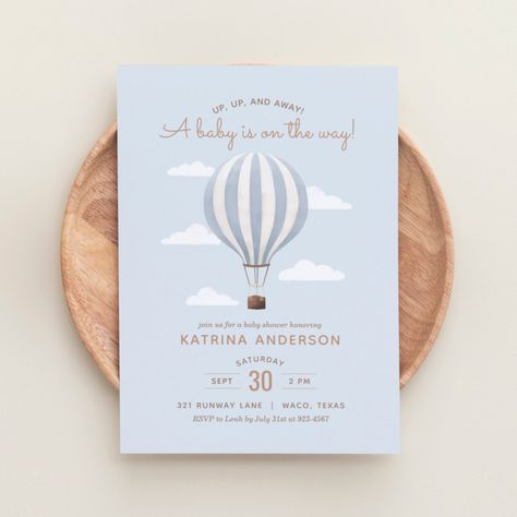 Blue Hot Air Balloon Boy Baby Shower Invitation Blue Hot Air Balloon, We Can Bearly Wait, Bearly Wait, Baby Shower Invitation, Hot Air Balloon, Air Balloon, Hot Air, Shower Invitation, Baby Shower