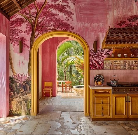 Mexico City Home Decor, Yellow And Pink Interior, Pink Maximalist Decor, Mexico City House, Reverse Orientalism, Maximalist House, Maximalist Kitchen, Mediterranean House, Spanish House