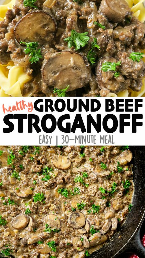 This healthier Ground Beef Stroganoff is a delicious mixture of ground beef, mushrooms, onions and spices, all in a creamy greek yogurt sauce! It's great served on its own, over egg noodles, or with rice. Click for the full detailed recipe and video! #beefstroganoff #beefrecipes #stroganoff #groundbeef #pastarecipes Healthy Ground Beef Stroganoff, Stroganoff With Greek Yogurt, Healthy Beef Stroganoff, Traditional Beef Stroganoff, Greek Yogurt Sauce, Beef Stroganoff Easy, Ground Beef Stroganoff, 30 Minute Meals Easy, Healthy Ground Beef