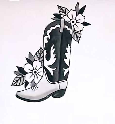 Traditional Tattoo Cowboy Boots, American Traditional Cowboy Boot Tattoo, Western Wrap Around Tattoo, Cowboy Boot Tattoo Traditional, Nashville Inspired Tattoos, Cowboy Boot Tattoo For Women, Traditional Tattoos Cowboy, Idk Tattoo, American Traditional Western Tattoo