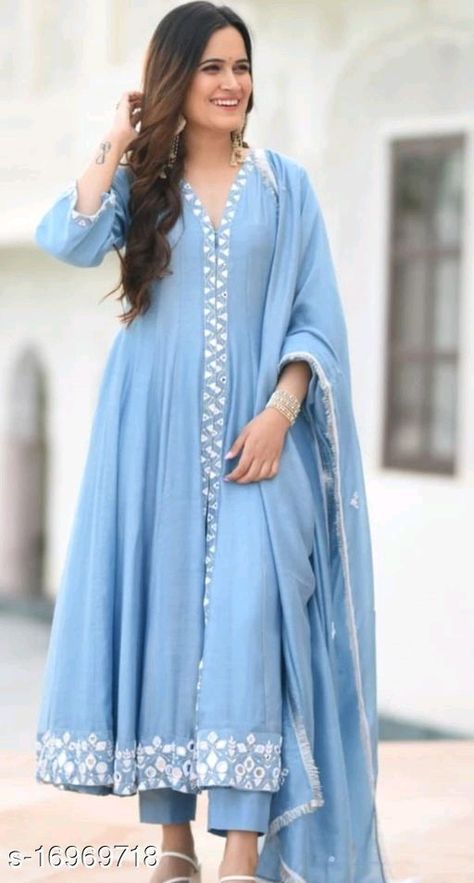 Powder Blue Suit, Mirror Work Suit, Long Kurta Designs, Divine Grace, Kurti Collection, Kurta Designs Women, Work Suits, Dupatta Set, Indian Suits