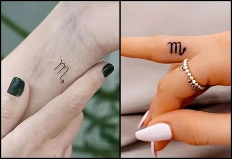 7 Scorpio Tattoo Designs That Will Represent Your Zodiac Sign Finger Scorpio Tattoo, Scorpio Tattoo On Finger, Scorpio Themed Tattoos, Small Scorpio Tattoo Zodiac, Scorpio Symbol Tattoo, Scorpio Tattoo Zodiac, Scorpio Sign Tattoos, Scorpio Tattoo Ideas, Scorpion Tattoo Design