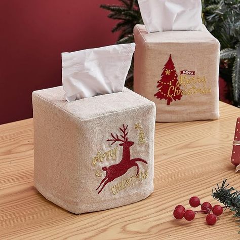 Amazon.com: Christmas Tissue Box Cover Square - Linen Tissue Box Holder Rectangular as Xmas Embroidered Gifts Boho Cube Tissue Holder Box Cover for Bathroom Rectangle Tissue Cover Box Set Marry Christmas : Home & Kitchen Christmas Decor For Bathroom, Christmas Tree Collection, Christmas Bathroom Decor, Tissue Cover, Christmas Linen, Spode Christmas Tree, Spode Christmas, Married Christmas, Embroidered Gifts