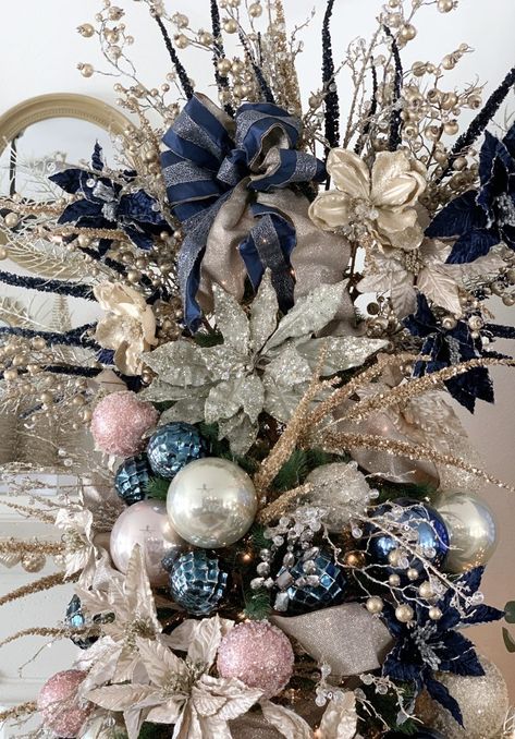 Pink Blue Silver Christmas Tree, Pink And Navy Blue Christmas Tree, Blue And Rose Gold Christmas Tree, Rose Gold And Blue Christmas Tree, Iced Christmas Tree, Christmas Tree Ideas 2023 Trends, Pink And Blue Christmas Tree, Christmas Trees 2022, Christmas Trends 2023