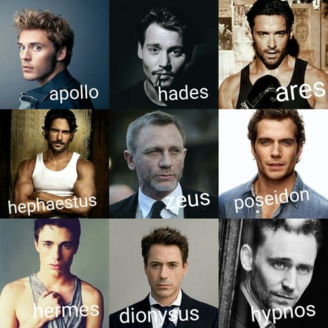 GREEK GODS DREAMCAST apollo - sam claflin Hades - johnny depp Ares - hugh jackman Hephaestus - joe mangaiello Zeus - daniel craig Poseidon - henry cavill Hermes - colton haynes Dionysus - robert downy jr Hypnos - tom hiddleston Dionysus X Hypnos, Hephestos God, Hypnos Greek God, Greek God Art, Hades Greek God, Ares Greek God, Hermes Greek God, Apollo Greek God, Greek Mythology Gods