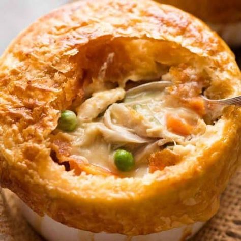 Close up of Chicken Pot Pie in a ramekin with puff pastry topping, made from scratch with uncooked chicken. Uncooked Chicken, Tin Eats, Chicken Pie Recipe, Chicken Pot Pie Recipe, Pot Pie Recipe, Easy Chicken Pot Pie, Recipetin Eats, Recipe Tin, Chicken Pie