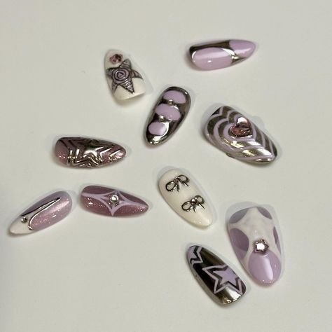 silver heart💗 #pressonnails #pressonnailsforsale #purplenails #heartnails Silver Nails Ideas, Bday Nails, Coquette Nails, Master List, Heart Nail, Korean Nails, Cute Nail Art Designs, Cute Nail Art, Silver Nails