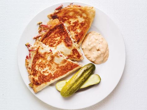 Reuben Quesadillas Recipe | Food Network Kitchen | Food Network Reuben Quesadilla, Reuben Dip Recipe, Veggie Quesadillas, Reuben Dip, Spicy Brown Mustard, Quesadilla Recipes, Dinner Bell, Burgers Sandwiches, Shark Week