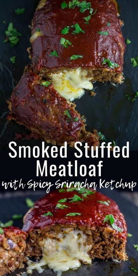 This Smoked Stuffed Meatloaf is pure indulgence! The tender meat is jam packed with flavor, then stuffed with creamy mozzarella cheese, and smoked on the grill, and finally finished with a spicy Sriracha ketchup Sriracha Ketchup, Smoked Meatloaf Recipe, On The Smoker, Bbq Meatloaf, Stuffed Meatloaf, Smoked Meatloaf, Meatloaf Dinner, Italian Meat Recipes, Slow Cooker Meat Recipes