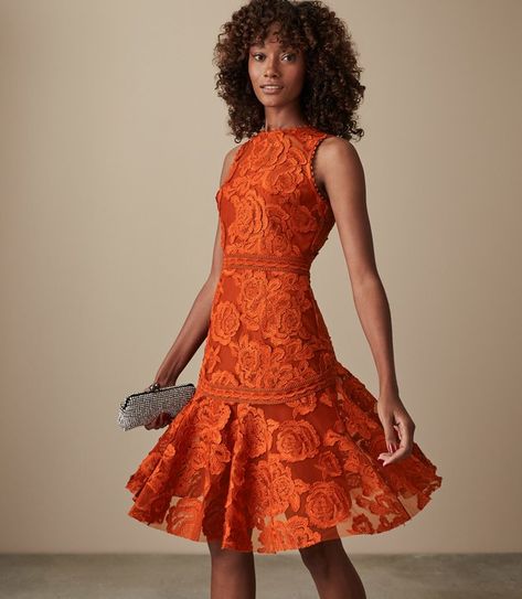 REISS - ADIA LACE FIT AND FLARE DRESS Orange Overlay, Tea Length Cocktail Dresses, Orange Lace Dress, Jackie Dress, Orange Tea, Ruched Bodycon Dress, Block Dress, Overlay Dress, Sleeveless Shift Dress