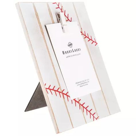 Hobby Lobby Recycled Baseball Projects, Baseball Picture Frame Ideas Diy, Diy Baseball Picture Frame, End Of Season Baseball Gifts For Players, Vintage Baseball Room, Baseball Picture Frame, Baseball Gift Basket, Kids Baseball Room, White Pallet