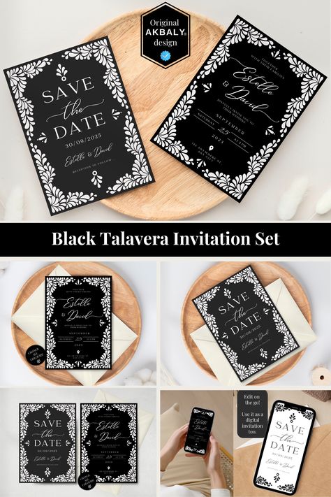 Modern Wedding Invitations Talavera Template Set for Canva Edit. Elegant, Romantic, Authentic and unique Destination Wedding Invites. Classic Black Talavera that matches any theme. Ideal for weddings in Mexico. All season Wedding! Change all text and colors. Includes: Save the Date and Invitation Black And White Talavera Wedding, White Talavera Wedding, Talavera Invitation, Dream Wedding Invitations, Talavera Design, Elegant Save The Date, Canva Edit, Modern Wedding Invitation, Modern Wedding Invitations