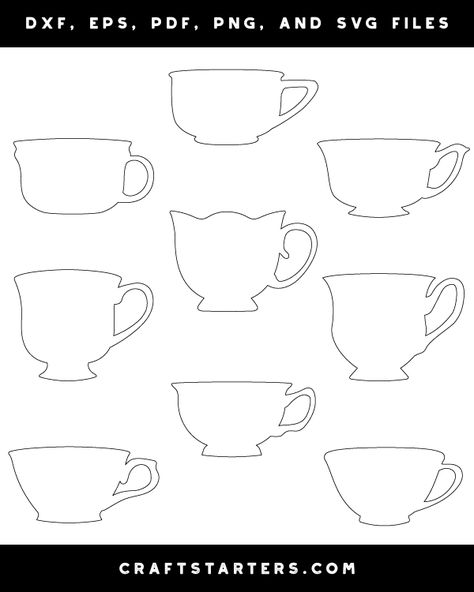 Teacup Line Drawing, Tea Cup Svg Free, Teacup Outline, Teacup Silhouette, Teacup Template, Tea Cup Image, Craft Doodles, Teacup Pattern, Tea Parlor