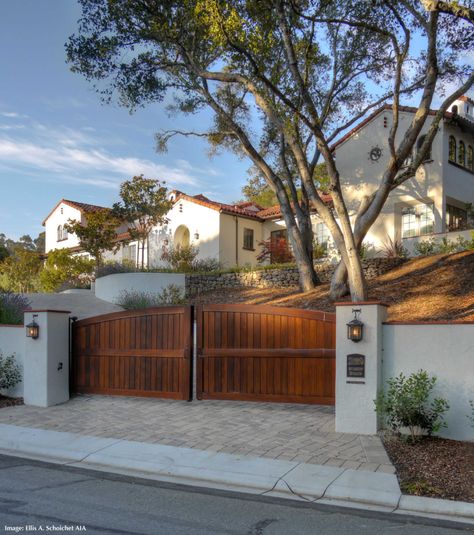 Spanish Colonial Revival Extreme Remodel- 07389 - Mediterranean - Exterior - San Francisco - by EASA Architecture | Houzz Wood Driveway, Wood Gates Driveway, Wooden Gates Driveway, Mediterranean Exterior, Wooden Gate, Hacienda Style Homes, Gates Design, Modern Gate, Wood Gate