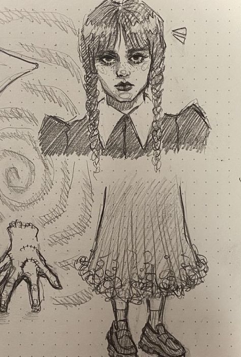 Wednesday Anime Drawing, Sketch Of Wednesday Addams, Wednesday Addams Drawing Tutorial, Thing Sketch Wednesday, Wednesday Addams Sketch Easy, Wednesday Thing Drawing, Wednesday Addams Sketches, Wednesday Drawing Pencil, Wednesday Addams Sketch Art