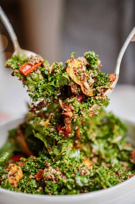 La Madeleine Kale Quinoa Salad, Quinoa Kale Sweet Potato Salad, Kale Pomegranate Quinoa Salad, Salad Photography, Quinoa Squash, Red Kale, Kale Quinoa Tabbouleh, Quinoa Kale, Kale Quinoa Salad