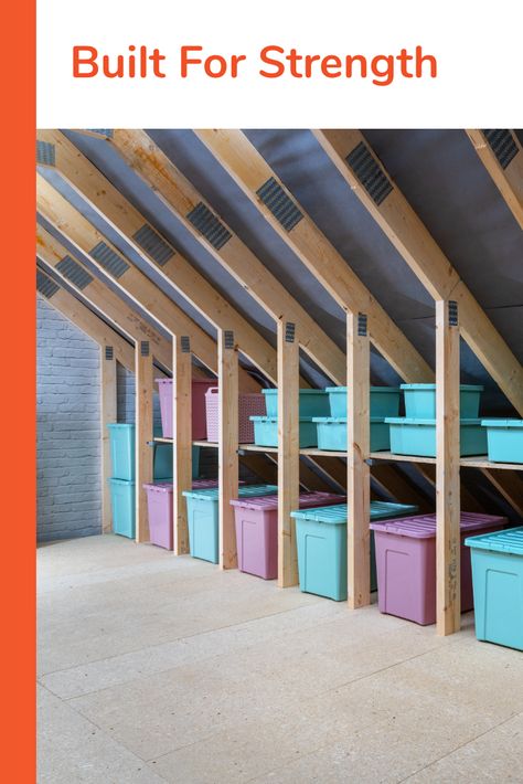 Through careful design, StoreFloor has the capability of holding loads of over 500kg per square metre. Typically, this is stronger than the joists they attach to. #homeimprovement #homeinspo #storageideas #storage #loft #loftideas #home Above Garage Attic Storage, Attic Bin Storage, Under Roof Storage, Attic Closet Ideas Angled Ceilings Slanted Walls Storage, Loft Storage Room, Small Attic Storage Ideas, Eaves Storage Ideas Angled Ceilings, Small Attic Storage, Eaves Storage Ideas