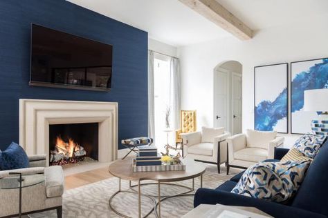 Blue and White Contemporary Living Room | HGTV Navy Interior Design, Coastal Cottage Living Room, Navy Interior, Bent Creek, Color Palette Living Room, Cottage Living Rooms, Interior Remodel, Neutral Living Room, Transitional Living Rooms