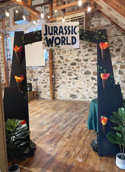 Diy Jurassic World Party, Diy Jurassic World Party Decorations, Dinosaur Sleepover Party, Camp Cretaceous Birthday Party, Diy Jurassic Park Gate, Camp Cretaceous Party, Jurrasic World Birthday Party Ideas, Jurassic Party Ideas, Jurassic Park Gate