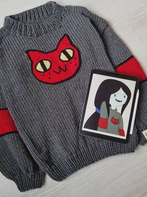 Marceline Cat Sweater Pattern, Crochet Sweater Inspiration, Princess Bubblegum Sweater, Crochet Patterns Goth, Marceline Cat Sweater, Marceline Crochet, Cute Crochet Sweaters, Marceline Sweater, Adventure Time Sweater