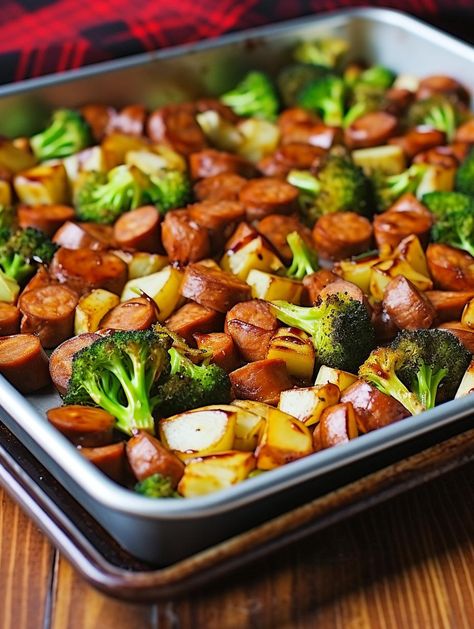 Savory Sheet-Pan Smoky Sausage Supper Sheet Pan Kielbasa, Sheet Pan Sausage And Potatoes, Eckrich Sausage, Sausage Sheet Pan Dinner, Sheet Pan Supper, Herbed Potatoes, Broccoli Sauteed, Broccoli And Potatoes, Sausage Dinner