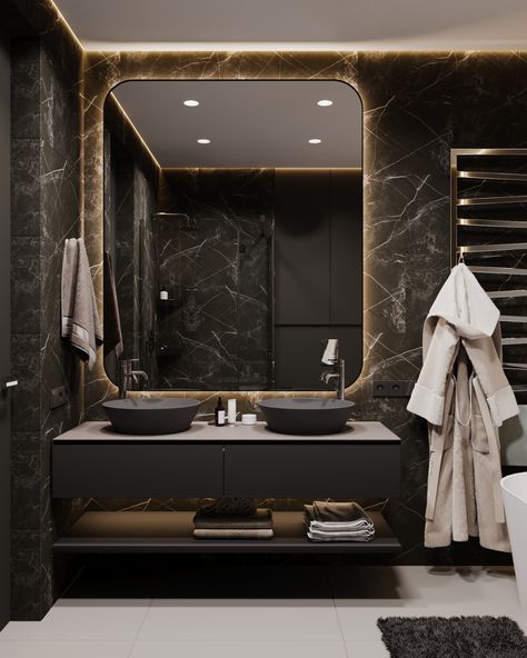 100 sq.m. apartment interior design for a young family. Master bathroom is designed in dark colors. Backlights can create a relaxing mood. All Black Bathroom Ideas, Dark Bathroom Paint, Luxury Bathroom Design Black, Moody Bathroom Design, Moody Bathroom Ideas, Bathroom Ideas Dark, Dark Modern Bathroom, All Black Bathroom, Black Bathroom Ideas