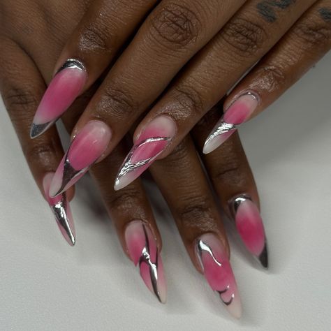 aura and chrome is good for the soul 💕 . . . #apresgelx #nailtech #nailsnailsnails #nailart #gelxnails #naildesign #gelnails #gelmani #chrome #aura aura nails, pink aura nails, chrome and pink nails, stiletto nails Chrome And Pink Nails, Pink And Chrome Nails, Aura Nails With Chrome, Pink Nails Stiletto, Aura Nails Chrome, Chrome Aura Nails, Aura Nails Pink, Pink Aura Nails, Aura Nail