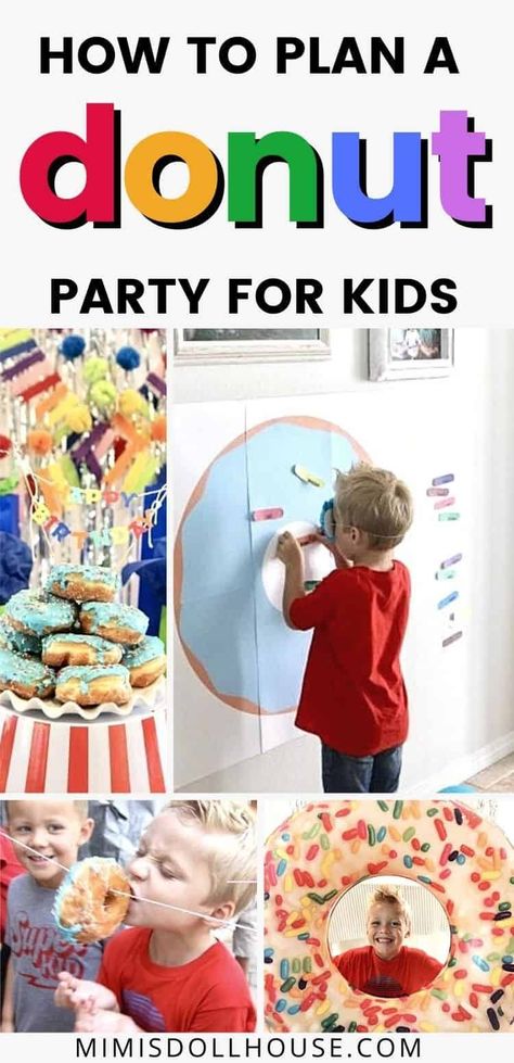 Donut Birthday Party: It's Doughnut Time! Want a fun birthday party idea that your kids are going to go nuts over? Throw a donut birthday party. It's easy and fun and delicious! Looking for donut party ideas? #parties #kidbirthdays #birthdays #donuts #holiday #donutparty Diy Donut Themed Birthday Party, Doughnut Theme Party, Donut Class Party, Donut Food Ideas, If You Give A Dog A Donut Party, Donuts And Pajamas Birthday Party, Donut Shop Birthday Party, Donut Themed Party Games, Donut Party Activities