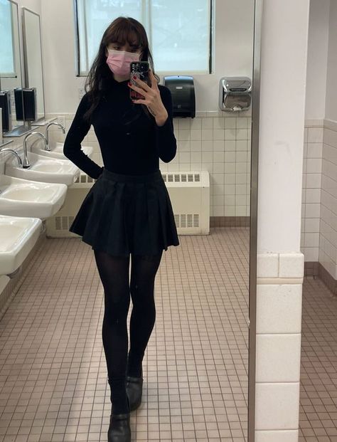 Black Stalkings Outfits, Dresses And Black Tights, Black Skirt With Black Tights Outfit, Tights Black Outfit, Skirts With Black Tights, Black Skirt Outfit With Tights, Dark Tights Outfit, Skirt With Black Tights Outfit, Dark Feminine Aesthetic Outfits Winter