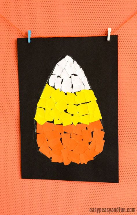 Candy Corn Torn Paper Halloween Art project for preschool Halloween Art Lessons, Halloween Crafts And Activities, Mosaic Collage, Halloween Art Projects, Halloween Arts, Halloween Kindergarten, Tears Art, Preschool Art Projects, Kindergarten Art Projects