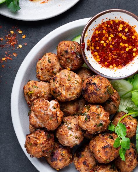 Thai Crispy Laab Meatballs | meatball | Warning: You won’t be able to stop at just one. | By Marion's Kitchen Crispy Thai Laab Meatballs, Marion Grasby Recipes, Marion Kitchen, Pork Larb, Thai Meatballs, Marions Kitchen, Marion Grasby, Spicy Meatballs, Marion's Kitchen