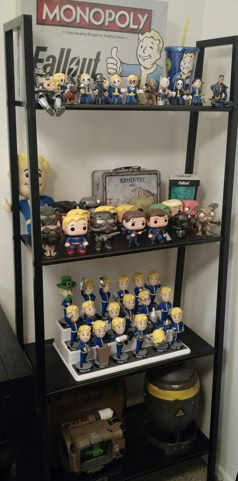 Finally gave my Fallout Collection it's own shelf - geek Fallout Decor, Fallout Theme, Fallout Props, Nerd Room, Video Game Decor, Video Game Rooms, Geek Gifts, Shelf Design, Fallout