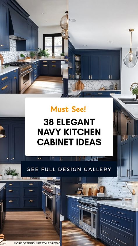 Explore 38 gorgeous navy kitchen cabinet ideas that infuse your kitchen with both style and sophistication. Whether you're leaning towards a modern aesthetic or a more classic vibe, navy cabinets can perfectly complement various patterns and layouts. Consider pairing them with warm wooden accents or crisp white countertops for an inviting atmosphere. This setup not only transforms your kitchen but also serves as a remarkable backdrop for daily activities. Dive into these inspirations to discover how to achieve an awe-inspiring kitchen you’ll love. Navy Cabinets With Silver Hardware, Navy Kitchen Gold Handles, Grey Countertops Blue Cabinets, Indigo Cabinets Kitchen, Walnut And Navy Kitchen, Blue Note Kitchen Cabinets, Navy Blue Lower Kitchen Cabinets, Marine Blue Kitchen Cabinets, Navy Lower Cabinets Wood Upper