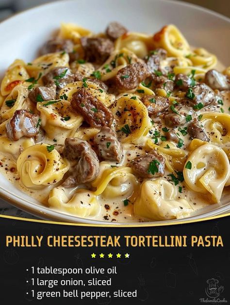 Easy and tasty recipes | Philly Cheesesteak Tortellini Pasta😍🔥 | Facebook Easy Peasy Recipes, Tortellini Recipes, Tortellini Pasta, Beef Pasta, Pasta Ingredients, Philly Cheesesteak, Cheese Tortellini, Slices Recipes, Philly Cheese Steak