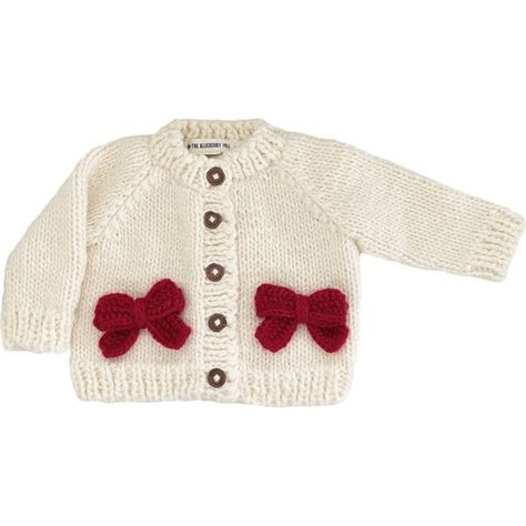 Holiday Classic Knit Bow Cardigan, Cream & Red - The Blueberry Hill Sweaters | Maisonette Bow Cardigan, Knitted Baby Cardigan, Bow Sweater, Classic Sweater, Baby Cardigan, Classic Holiday, Sweater Design, Baby Sweaters, Red Bow