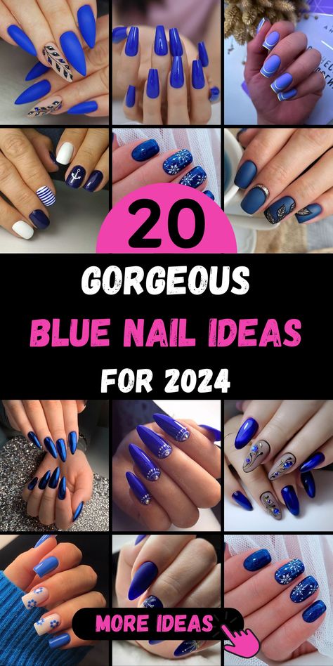 "20 Blue Nail Ideas for 2024: A Stylist's Guide" offers an array of stunning blue nails for the fashion-forward. Dive into a spectrum of shades from deep navy to light azure, perfect for any season. Our blue nails acrylic collection features everything from elegant almond shapes to playful round designs, each adorned with unique nail art or subtle rhinestones, ensuring your nails are not just a statement but a masterpiece. Blue Nail Designs 2024, Deep Blue Nails Designs, Blue Almond Nails Design, Blue Nail Trends, Blue Nails Short, Blue Nails Acrylic, Dark Blue Nail, Blue Acrylics, Blue Nail Ideas