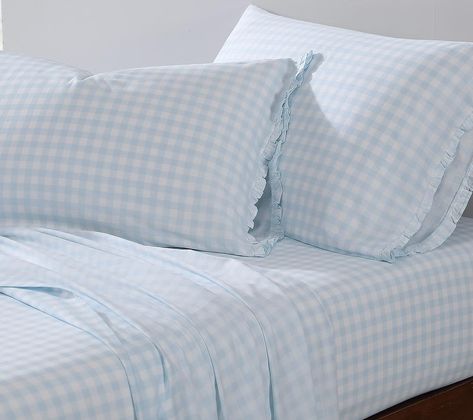 Amazon.com: Shabby Chic® - Full Sheets, Soft & Breathable Organic Cotton Bedding Set, Classic Style Home Decor with Ruffled Pillowcases (Gingham Blue, Full) : Home & Kitchen Light Blue Quilt Bedding, Coastal Themed Bedroom, Roller Rabbit Bedroom, Preppy Blue Bedroom, Hydrangea Bedroom, Tennessee Bedroom, Classic Style Home Decor, Shabby Chic Sheets, Light Blue Dorm