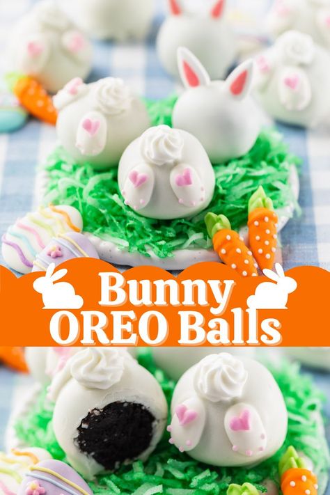 White chocolate covered oreo ball truffles decorated with icing bunny ears and bunny feet. Markdag Idees, Diy Dessert Recipes, Bunny Oreos, Easter Oreo, Dessert Ideas Simple, Easter Oreos, Work Desserts, Easy Desserts To Make, Truffle Balls