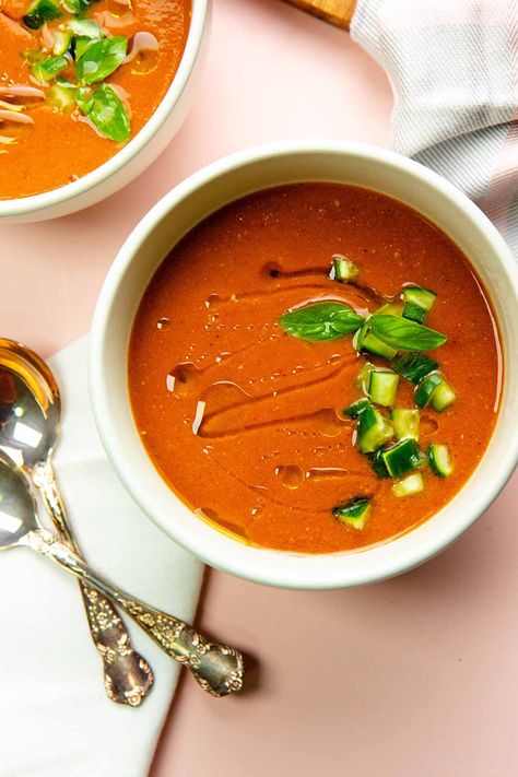 Gaspacho (Spanish Cold Soup Recipe ) » Joyful Dumplings Gaspacho Soup, Bean Salad Recipes Healthy, Three Bean Salad Recipe, Spanish Gazpacho, Dinner Ideas Vegan, Cold Soup Recipes, Gazpacho Soup, Dinner Recipes Vegan, Bean Salad Recipe