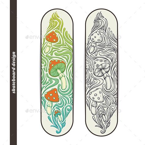 Mushroom Skateboard Design, Trippy Skateboard Art, Skateboard Back Design, Skateboard Bottom Design, Skatbord Design, Skateboard Design Paint, Skateboard Deck Design Ideas, Cool Skateboard Designs, Painted Skateboard Decks Art