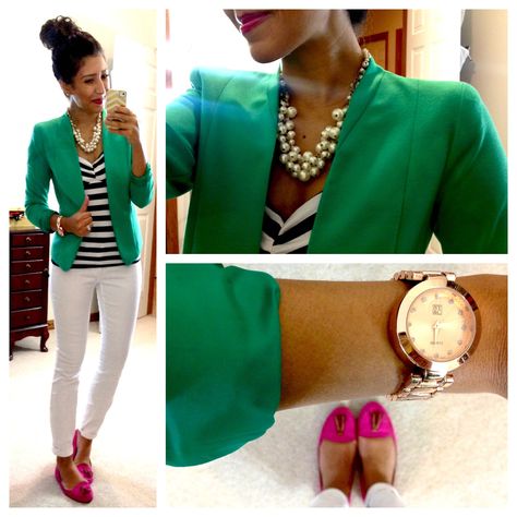 [FASHION : Nice color combo - kelly green, bright pink, white,  black/navy blue. Love the blazer and stripes.  Looks comfortable and stylish. ] Green Blazer Outfit, Outfit Trabajo, Bright Blazer, Blazer Verde, Look Office, Accessories Inspiration, Happy Clothes, Outfit Work, Fashion Office