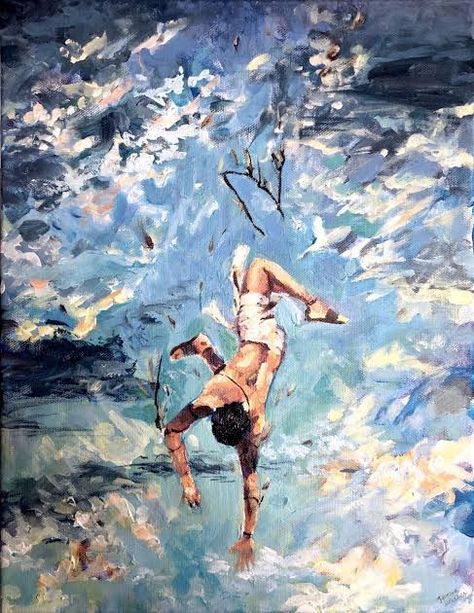 It's a painting rich in blues, whites and yellows, cloudy and feathery, with the body of Icarus falling. Icarus Art, Mendoza, Art