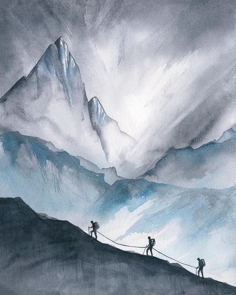 Painting Outside, Climbing Art, Wet Paper, Black Watercolor, Prophetic Art, Watercolor Landscape Paintings, Mountain Paintings, Mountain Art, Painting Art Projects